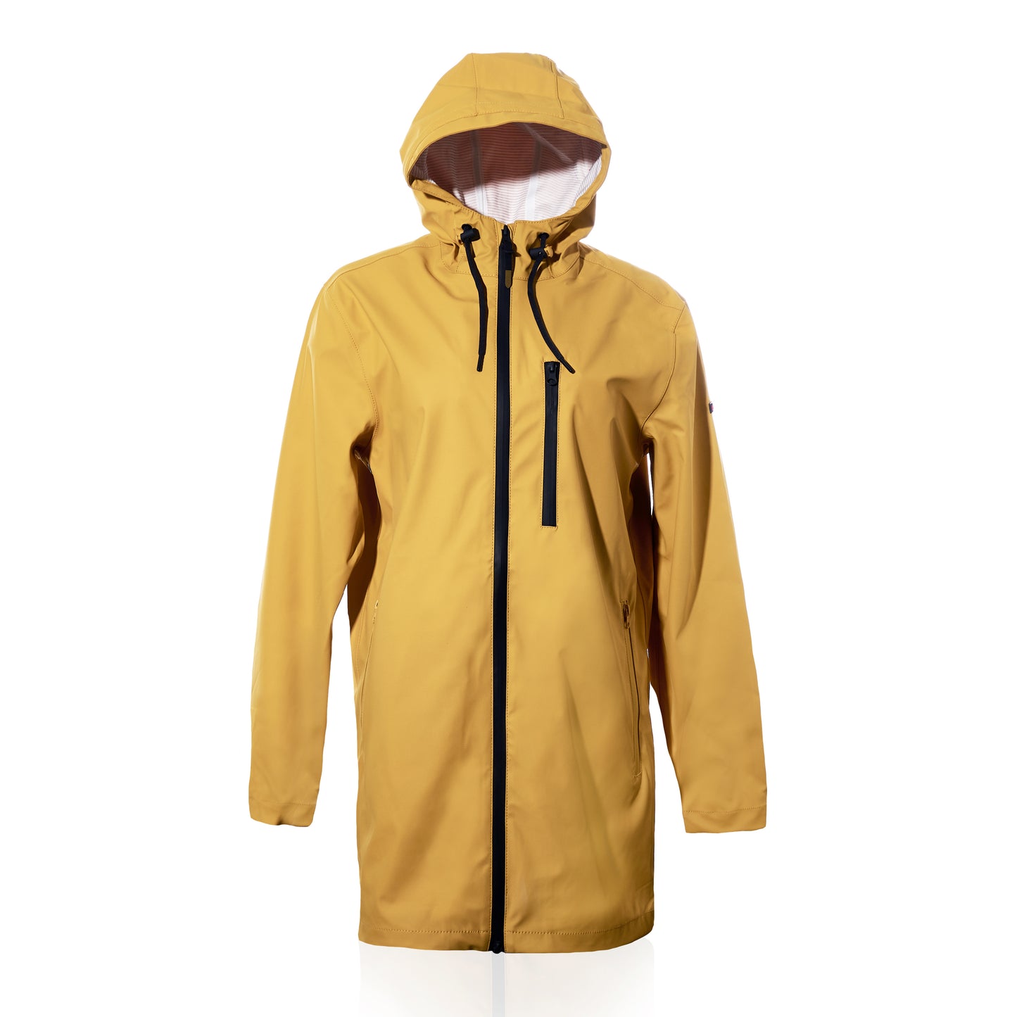 The Harborside Waterproof Raincoat - Yellow by Batela USA Inc features a waterproof shell for reliable protection, designed with a hood, black zipper, and chest pocket. This unisex raincoat is shown on a white background. by Sea Bags