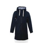 Harborside Waterproof Raincoat - Navy by Batela USA Inc, a unisex raincoat featuring a waterproof shell, white drawstrings, front zipper, and striped lining, displayed on a white background. by Sea Bags