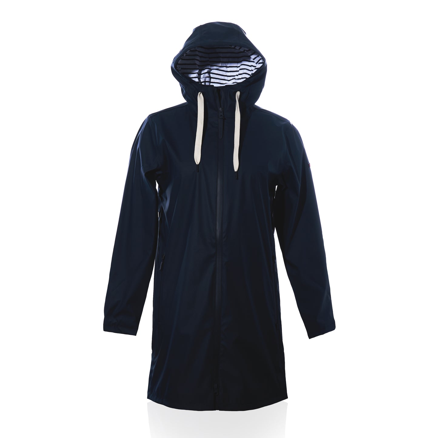 Harborside Waterproof Raincoat - Navy by Batela USA Inc, a unisex raincoat with a waterproof shell, white drawstrings, and striped lining, displayed on a plain white background. by Sea Bags