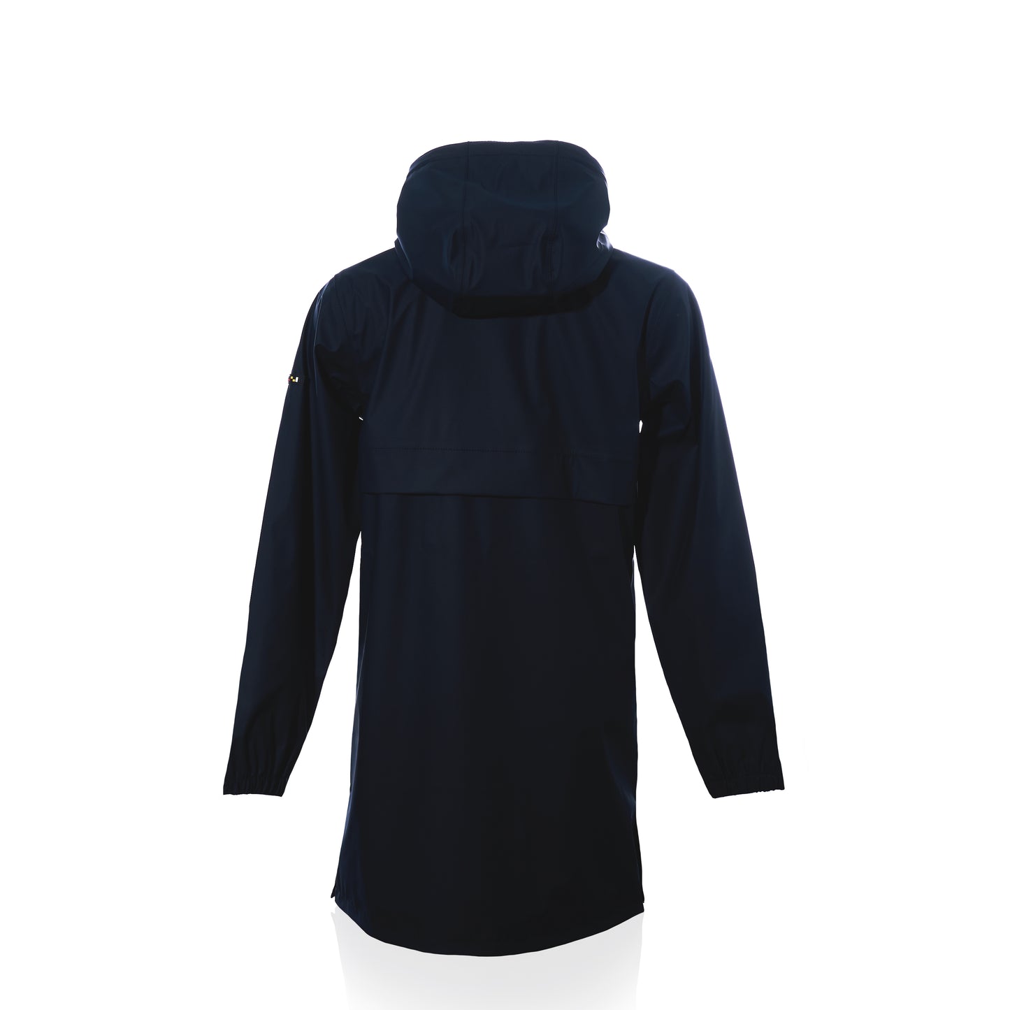 The Harborside Waterproof Raincoat in navy by Batela USA Inc is displayed from the back against a white background, showcasing its hooded design, long sleeves, and extended length. This unisex raincoat features a waterproof shell, offering both practical protection and stylish versatility for all-weather wear. by Sea Bags