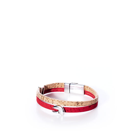 The Classic Cork Bracelet - Claw on Red by Elisabetta Studio features Portuguese cork and red leather, a magnetic nickel-free clasp, and a round silver accent, all displayed against a white background. by Sea Bags
