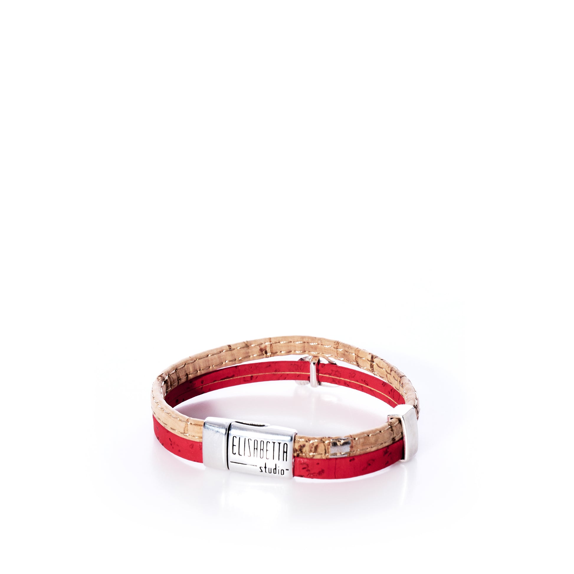 The Classic Cork Bracelet - Claw on Red by Elisabetta Studio is a Portuguese cork bracelet featuring a magnetic nickel-free clasp and engraved branding, displayed against a white background. by Sea Bags