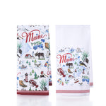 Brighten your kitchen with the Boston International Maine Tea Towel set of 2, featuring whimsical illustrations of lobsters, moose, lighthouses, and blueberries. Each towel in this charming set offers a unique design—one densely patterned and the other more open—showcasing the iconic beauty of Maine. Perfect as a hostess gift or for adding a cheerful touch to your own space.