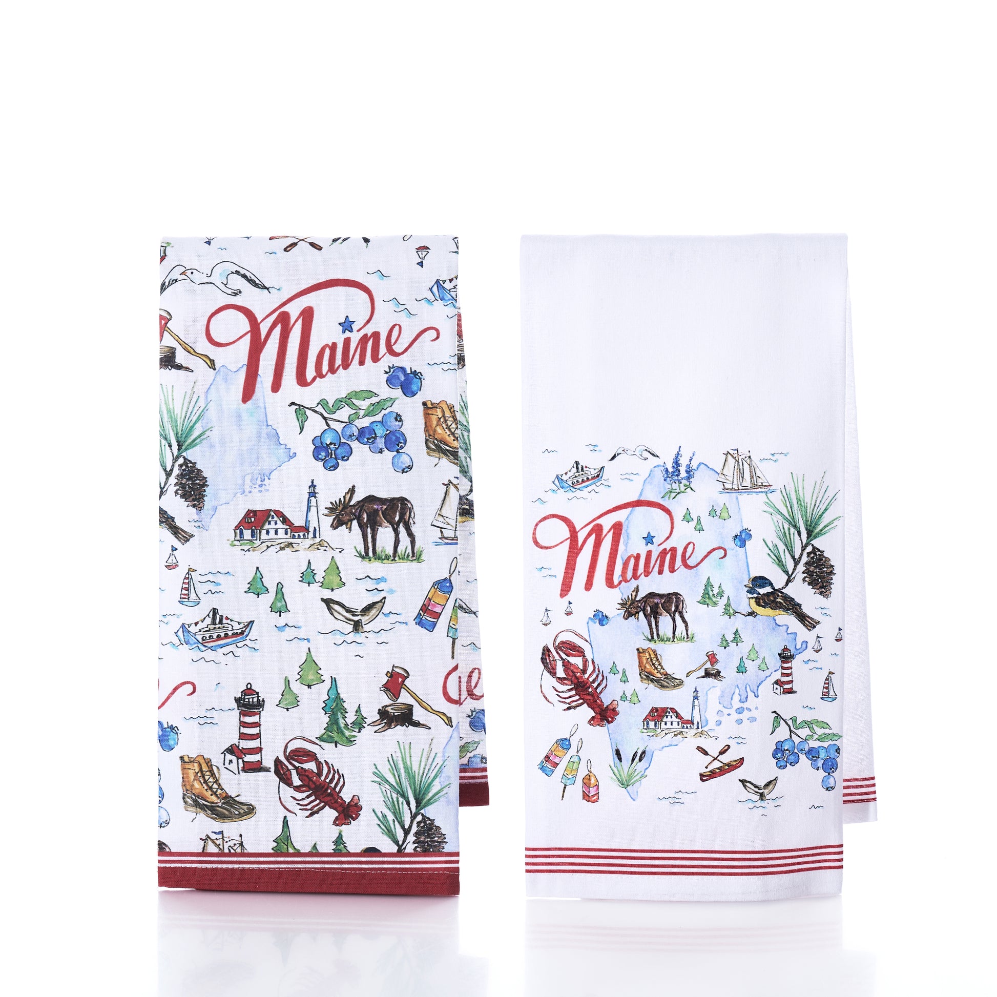 Brighten your kitchen with the Boston International Maine Tea Towel set of 2, featuring whimsical illustrations of lobsters, moose, lighthouses, and blueberries. Each towel in this charming set offers a unique design—one densely patterned and the other more open—showcasing the iconic beauty of Maine. Perfect as a hostess gift or for adding a cheerful touch to your own space.
