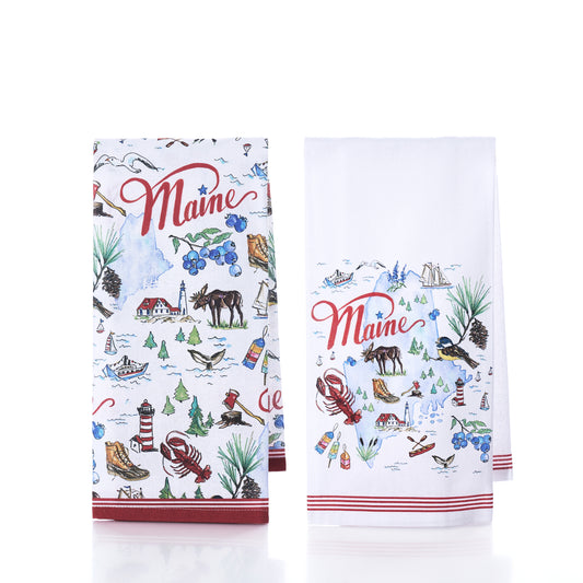 Brighten your kitchen with the Boston International Maine Tea Towel set of 2, featuring whimsical illustrations of lobsters, moose, lighthouses, and blueberries. Each towel in this charming set offers a unique design—one densely patterned and the other more open—showcasing the iconic beauty of Maine. Perfect as a hostess gift or for adding a cheerful touch to your own space.
