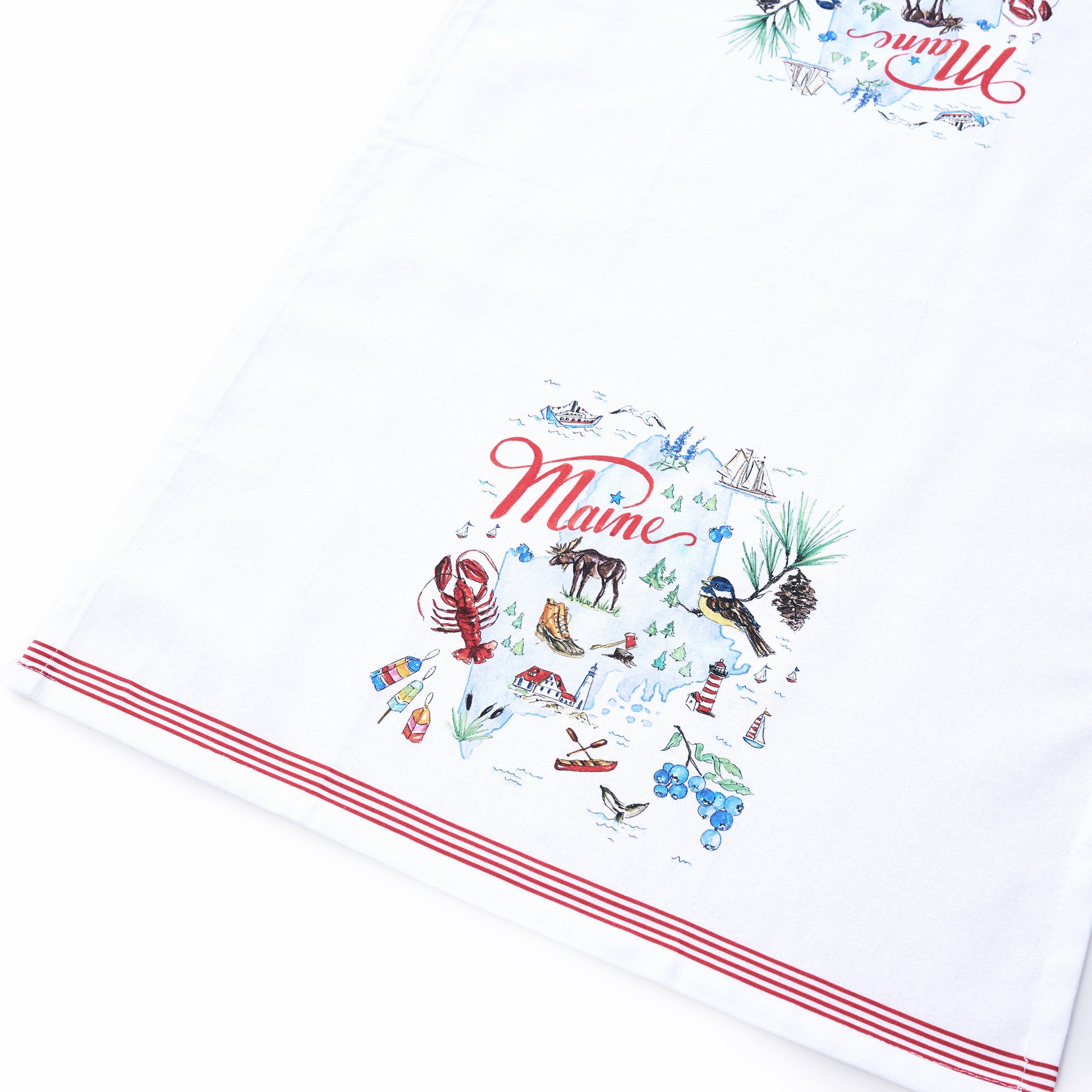 Adorn your kitchen with the Boston International Maine Tea Towel set of 2, featuring white cloth accented by red stripes and whimsical illustrations of iconic Maine symbols like a lobster, moose, lighthouse, and “Maine” in cheerful red script—these charming tea towels make a thoughtful hostess gift or a delightful addition to your kitchen décor.