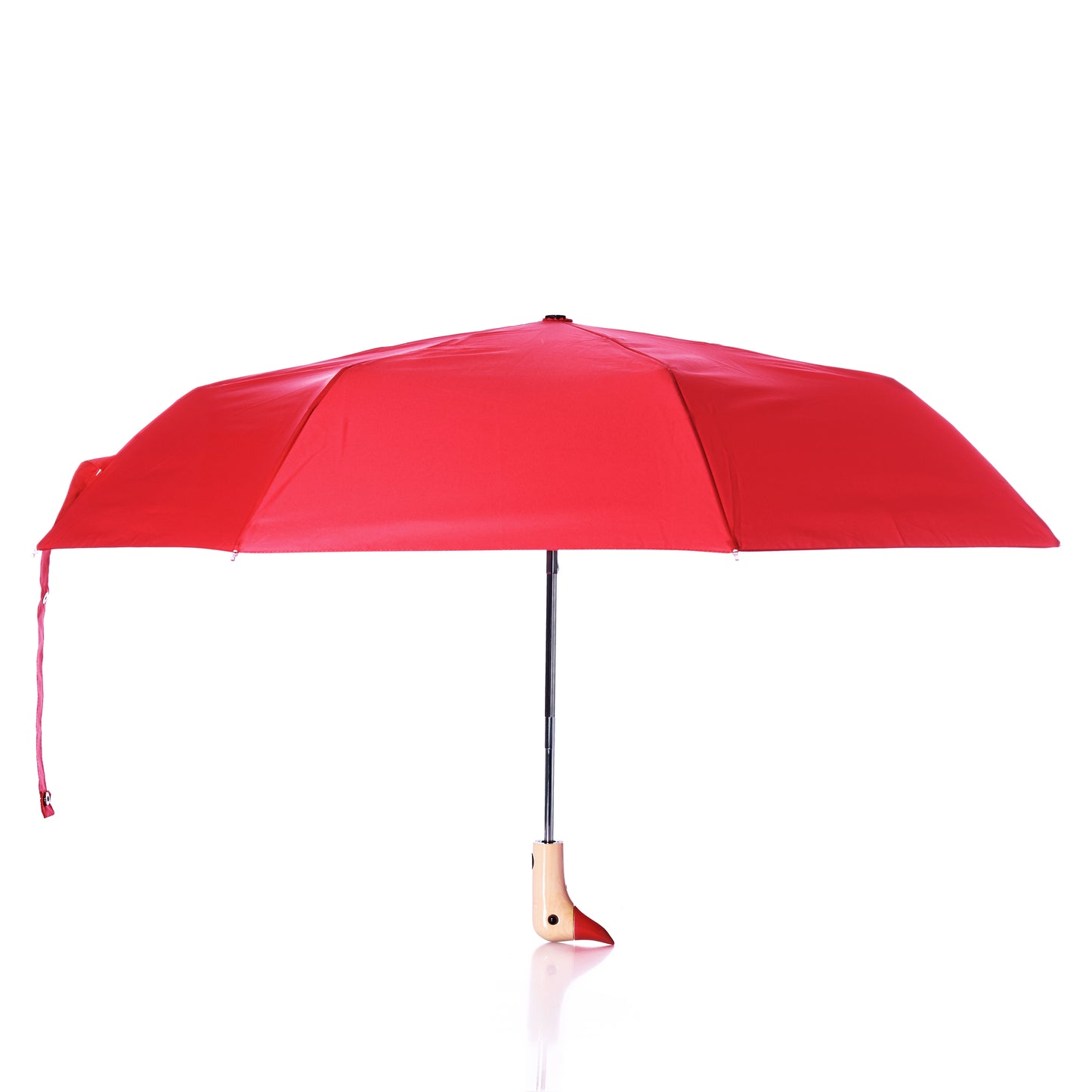 A fully opened Original Duck Head Umbrella - Red by True, featuring a straight black shaft and a classic wooden handle, displayed against a white background. by Sea Bags