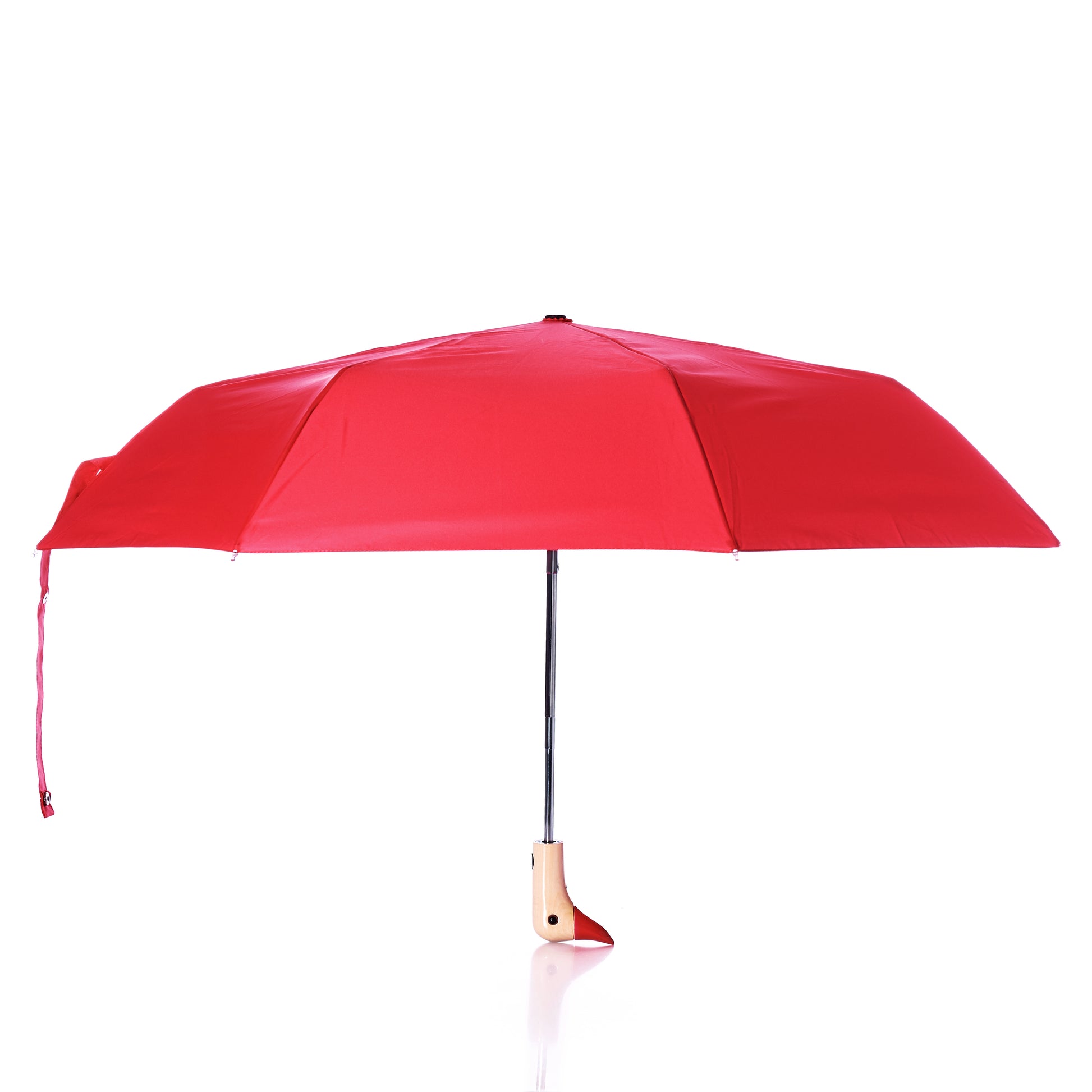 A fully opened Original Duck Head Umbrella - Red by True, featuring a straight black shaft and a classic wooden handle, displayed against a white background. by Sea Bags