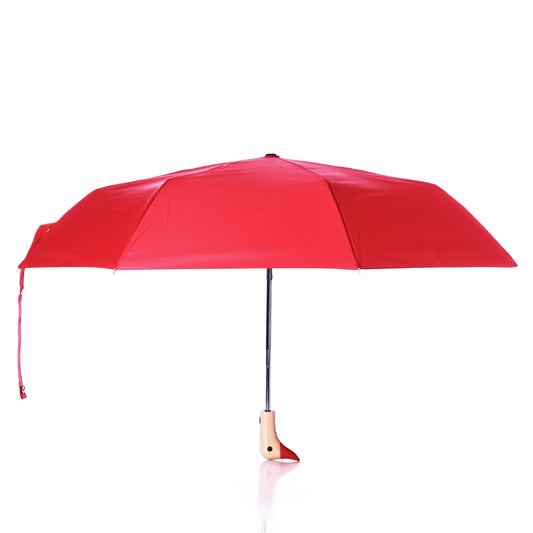 A fully opened Original Duck Head Umbrella - Red by True, featuring a straight black shaft and a classic wooden handle, displayed against a white background. by Sea Bags
