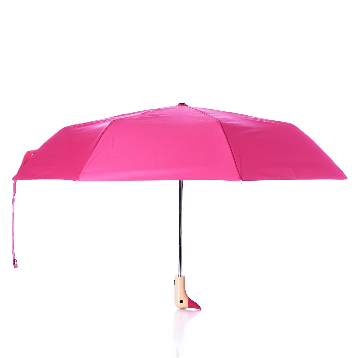 An Original Duck Head Umbrella - Pink by ODH Limited t/a Original Duckhead is fully opened, featuring a black shaft and a light-colored, curved handle shaped like a ducks head, photographed on a white background. This durable umbrella blends style and practicality for everyday use. by Sea Bags
