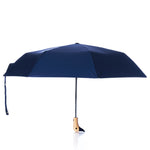 A fully opened Original Duck Head Umbrella - Navy by ODH Limited t/a Original Duckhead, featuring a navy canopy, wooden handle, and black metal shaft, isolated on a white background. by Sea Bags