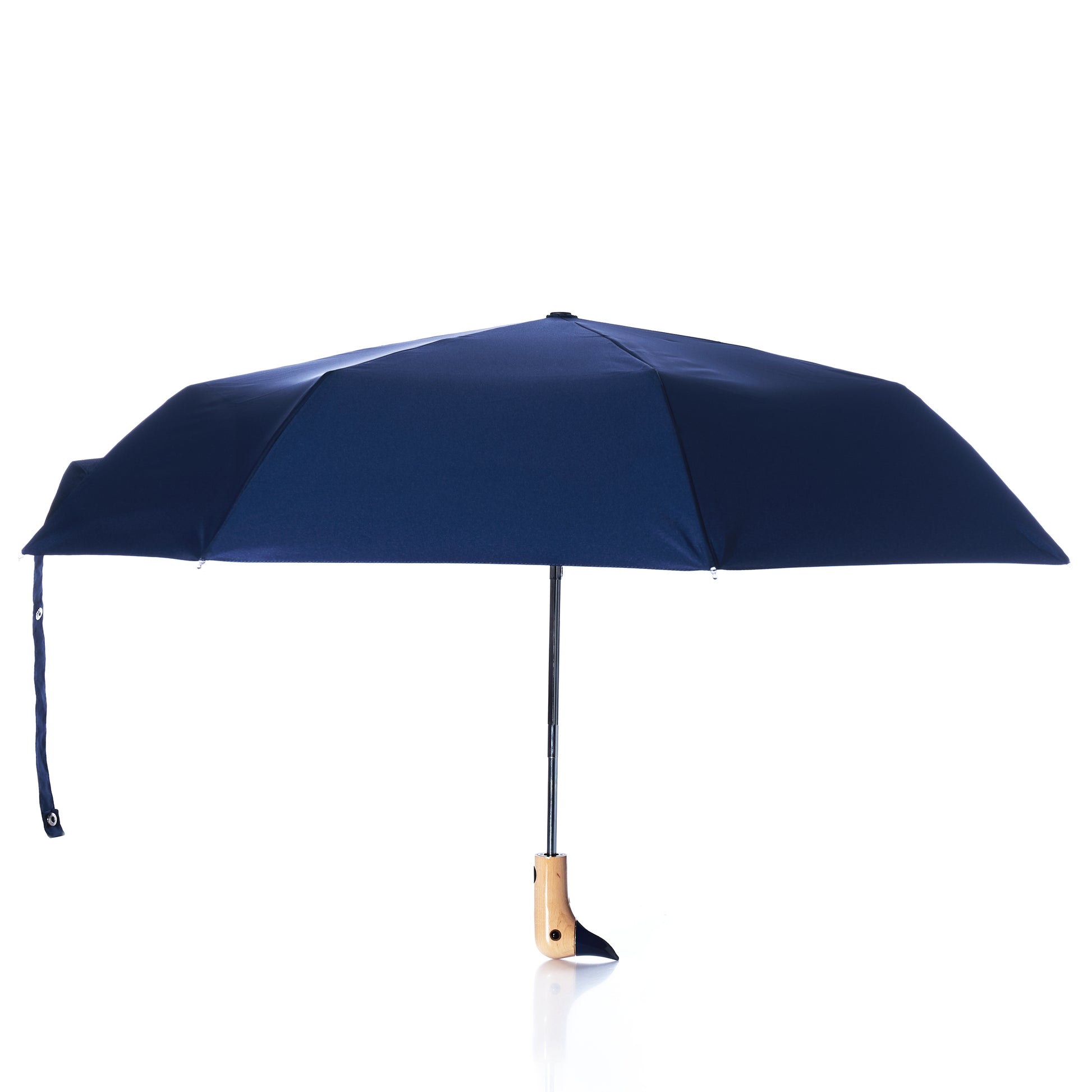 A fully opened Original Duck Head Umbrella - Navy by ODH Limited t/a Original Duckhead, featuring a navy canopy, wooden handle, and black metal shaft, isolated on a white background. by Sea Bags