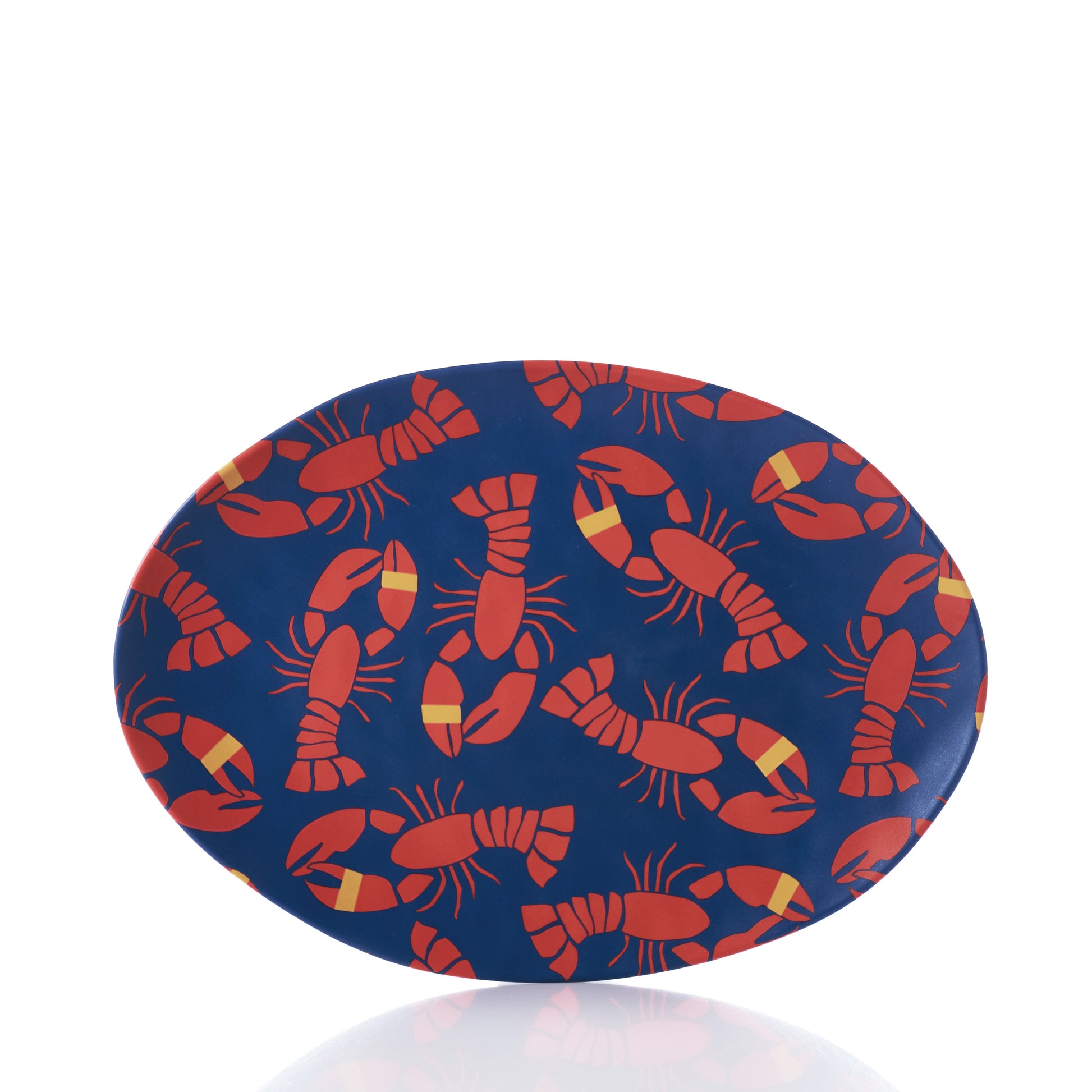 Introducing the Lobster Bake Serving Tray by true: An oval tray featuring a blue background adorned with a repeating red lobster pattern—some highlighted with yellow-accented claws. This coastal Maine-inspired serving tray is perfect for your next seafood feast or gathering.