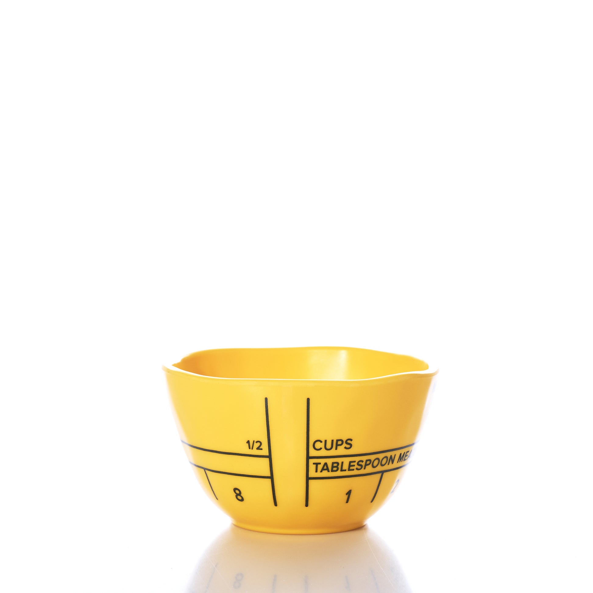 A yellow plastic Butter Dipping Bowl from Merritt International Inc dba Merritt Designs, featuring black measurement markings for cups and tablespoons, is set against a white background—ideal for preparing your next seafood indulgence or measuring ingredients for a classic lobster bake bowl. by Sea Bags