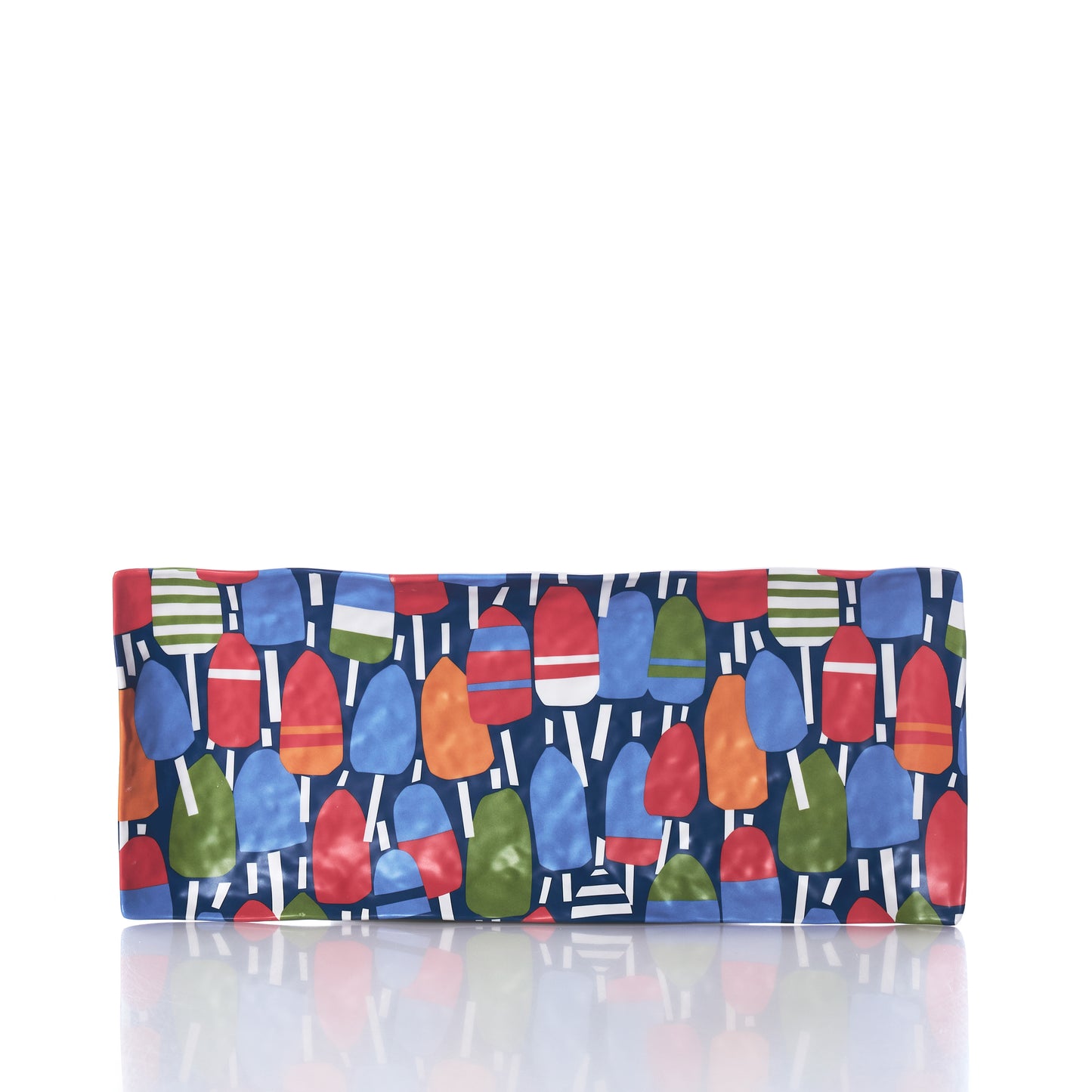 The Merritt Designs Nautical Buoys Appetizer Tray by Merritt International Inc features a rectangular ceramic shape adorned with a vibrant pattern of red, blue, green, and orange nautical buoys set against a dark blue background. Perfect for serving at your lake house or coastal gatherings, this stylish serveware piece is shown displayed on a reflective white surface. by Sea Bags