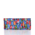 The Merritt Designs Nautical Buoys Appetizer Tray by Merritt International Inc features a rectangular ceramic shape adorned with a vibrant pattern of red, blue, green, and orange nautical buoys set against a dark blue background. Perfect for serving at your lake house or coastal gatherings, this stylish serveware piece is shown displayed on a reflective white surface. by Sea Bags