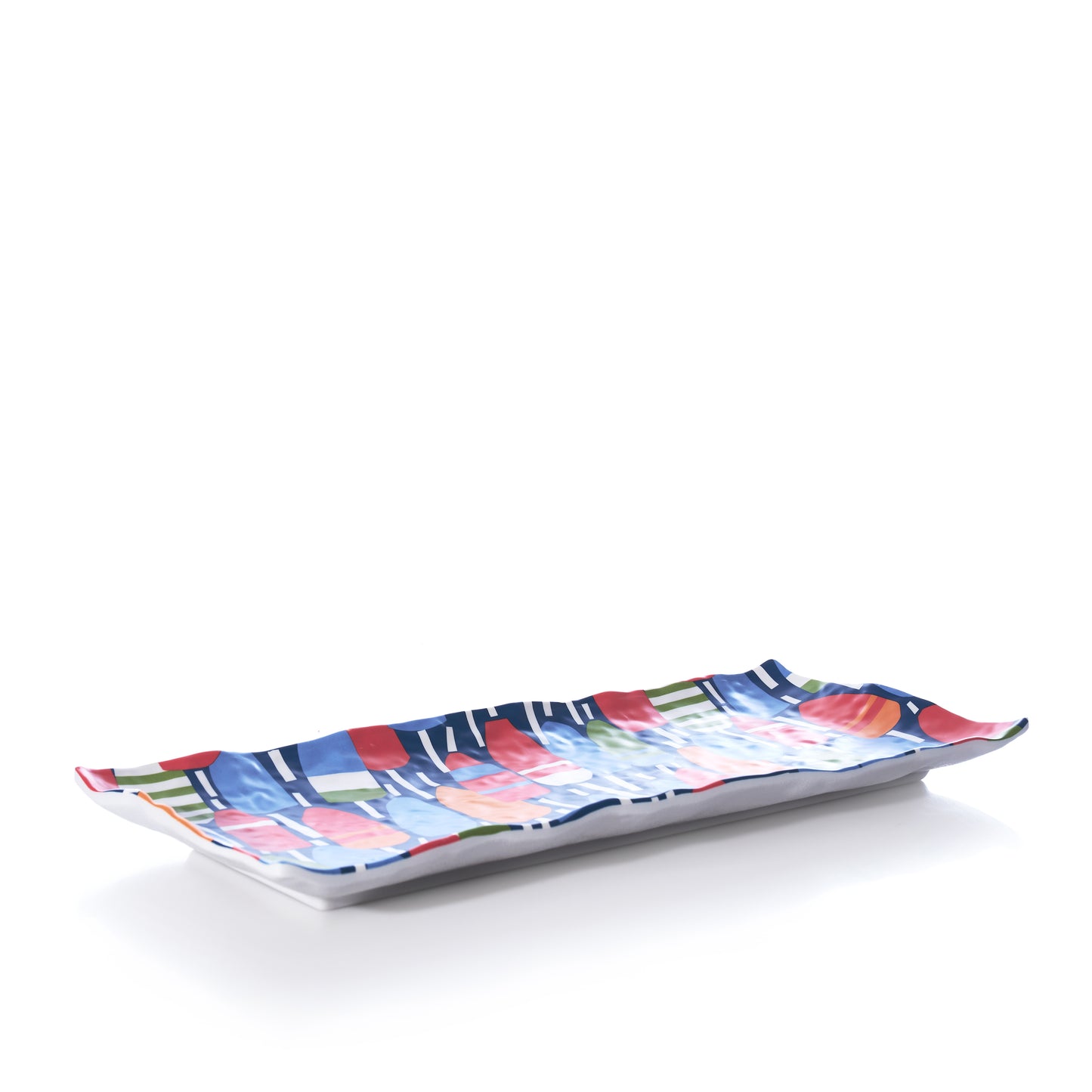 The Nautical Buoys Appetizer Tray by Merritt International Inc dba Merritt Designs is a rectangular ceramic plate with wavy edges, featuring a colorful abstract pattern inspired by nautical buoys. Set against a plain white background, its perfect for coastal entertaining or as a vibrant addition to your lake house serveware collection. by Sea Bags
