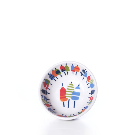 Nautical Buoys Dipping Bowl by Merritt International Inc dba Merritt Designs—a small white melamine serving bowl featuring colorful, striped buoy designs on the interior and rim. Perfect for lake house entertaining, photographed against a plain white background. by Sea Bags
