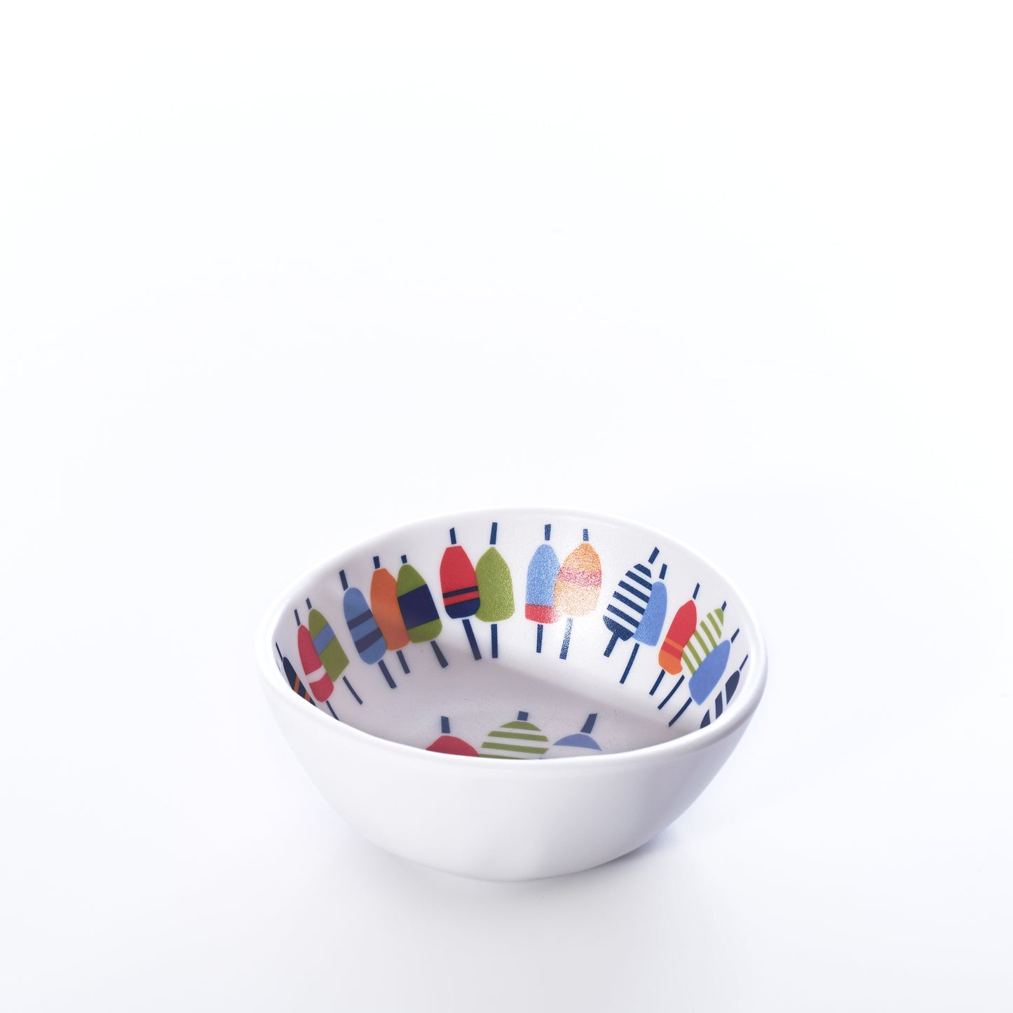 Two stacked Merritt Designs Nautical Buoys Dipping Bowls by Merritt International Inc, each crafted from white ceramic and featuring a vibrant nautical buoy pattern on the inner surface, set against a simple white background—ideal for lake house gatherings or as whimsical nautical accent bowls. by Sea Bags