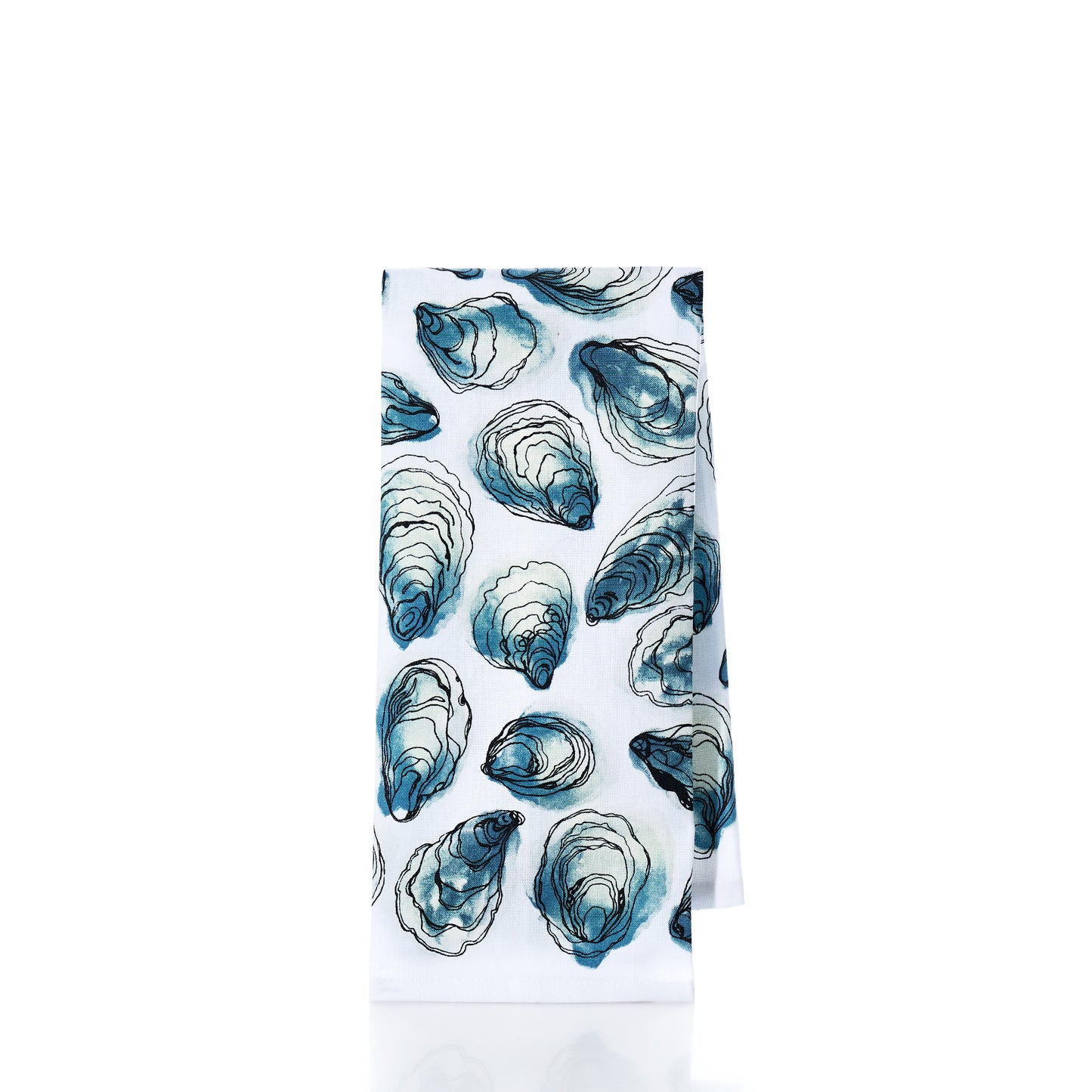 Introducing the Oysters Print Tea Towel by true: crafted from 100 cotton, this white kitchen towel showcases a charming pattern of blue and green oyster shells on a crisp background. Perfect for adding coastal flair to any kitchen.