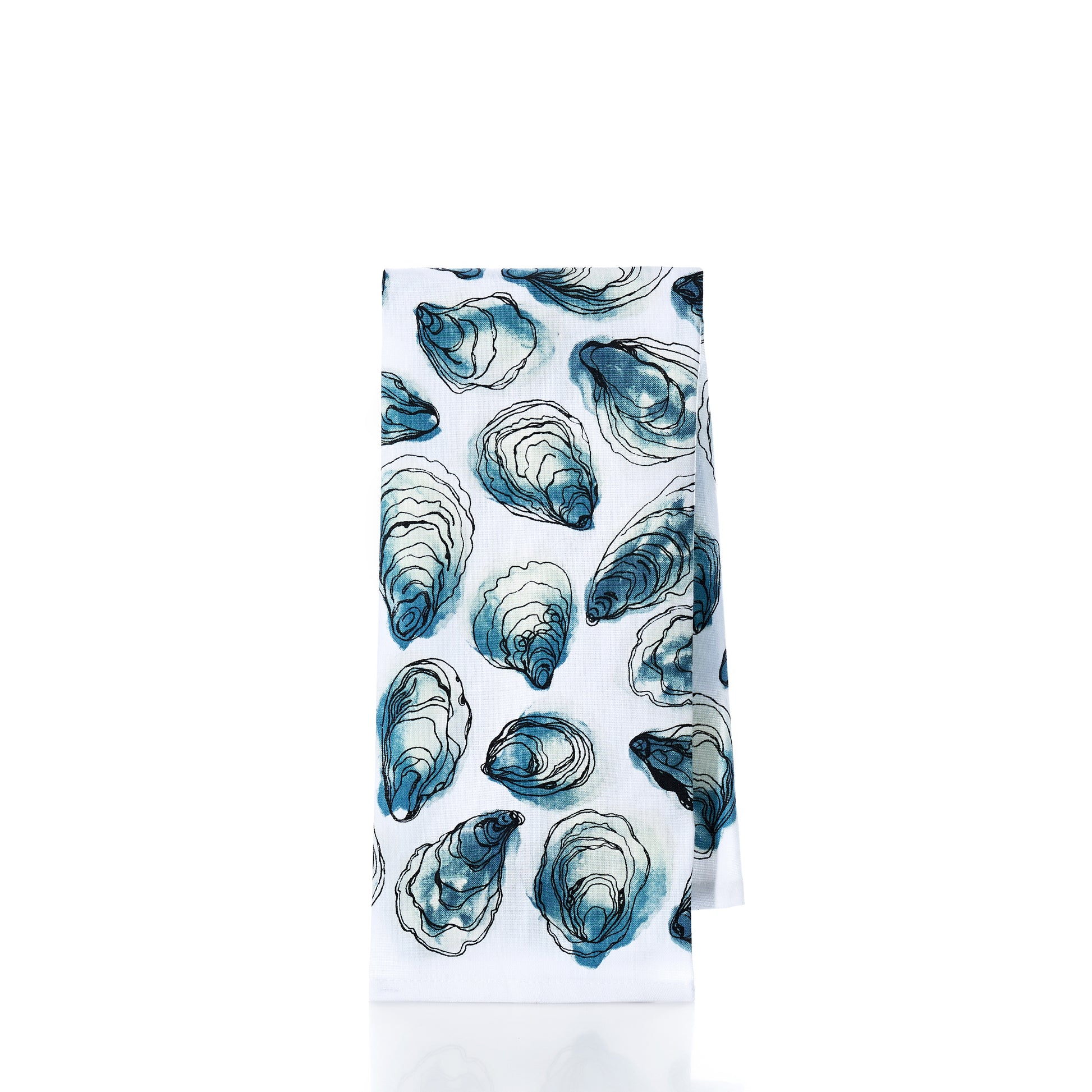 Introducing the Oysters Print Tea Towel by true: crafted from 100 cotton, this white kitchen towel showcases a charming pattern of blue and green oyster shells on a crisp background. Perfect for adding coastal flair to any kitchen.