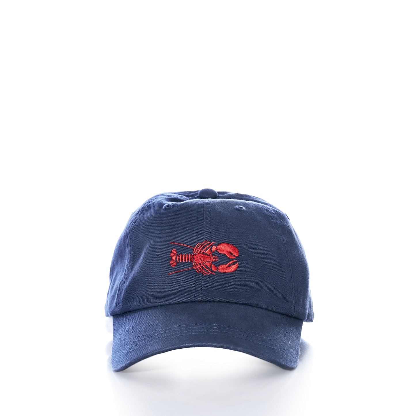 A navy blue cotton baseball cap featuring an embroidered red lobster on the front, set against a plain white background.