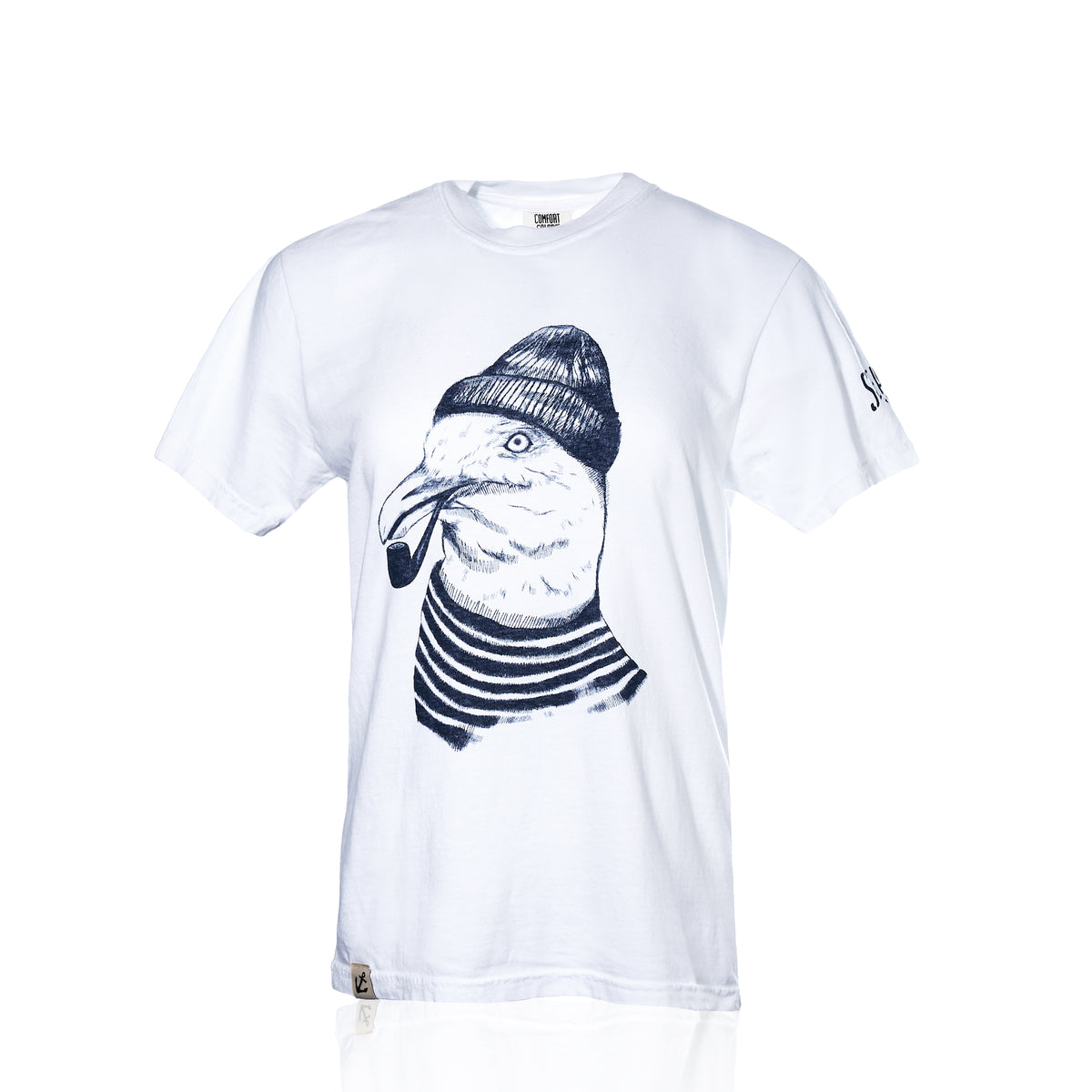 Introducing the Wharf Seagull T-Shirt by 320Ink d/b/a Riptide Print Company—a white tee adorned with a black illustration of a seagull in a beanie, striped shirt, and pipe, capturing classic coastal charm. This whimsical maritime shirt is your new favorite Maine seagull tee, perfect for channeling the laid-back spirit of life by the sea.