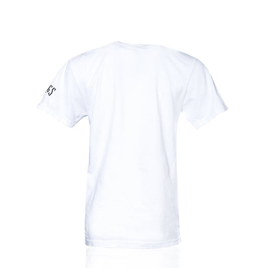 The Wharf Seagull T-Shirt by 320Ink d/b/a Riptide Print Company is displayed from the back, featuring small black text on the left sleeve, set against a white background.
