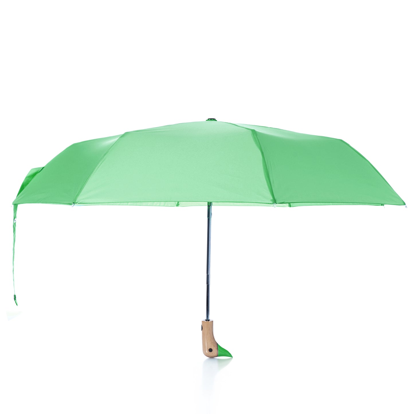 The Original Duck Head Umbrella - Matcha Green by True is fully opened, featuring a classic wooden handle and a matching green strap, displayed against a white background. This wind resistant umbrella offers timeless design and dependable protection from the elements.