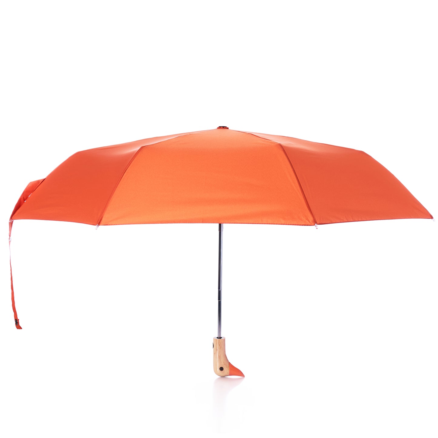 An Original Duck Head Umbrella in the Papaya color by ODH Limited t/a Original Duckhead, featuring a compact, wind-resistant design with a black metal shaft and wooden handle, is photographed against a white background.