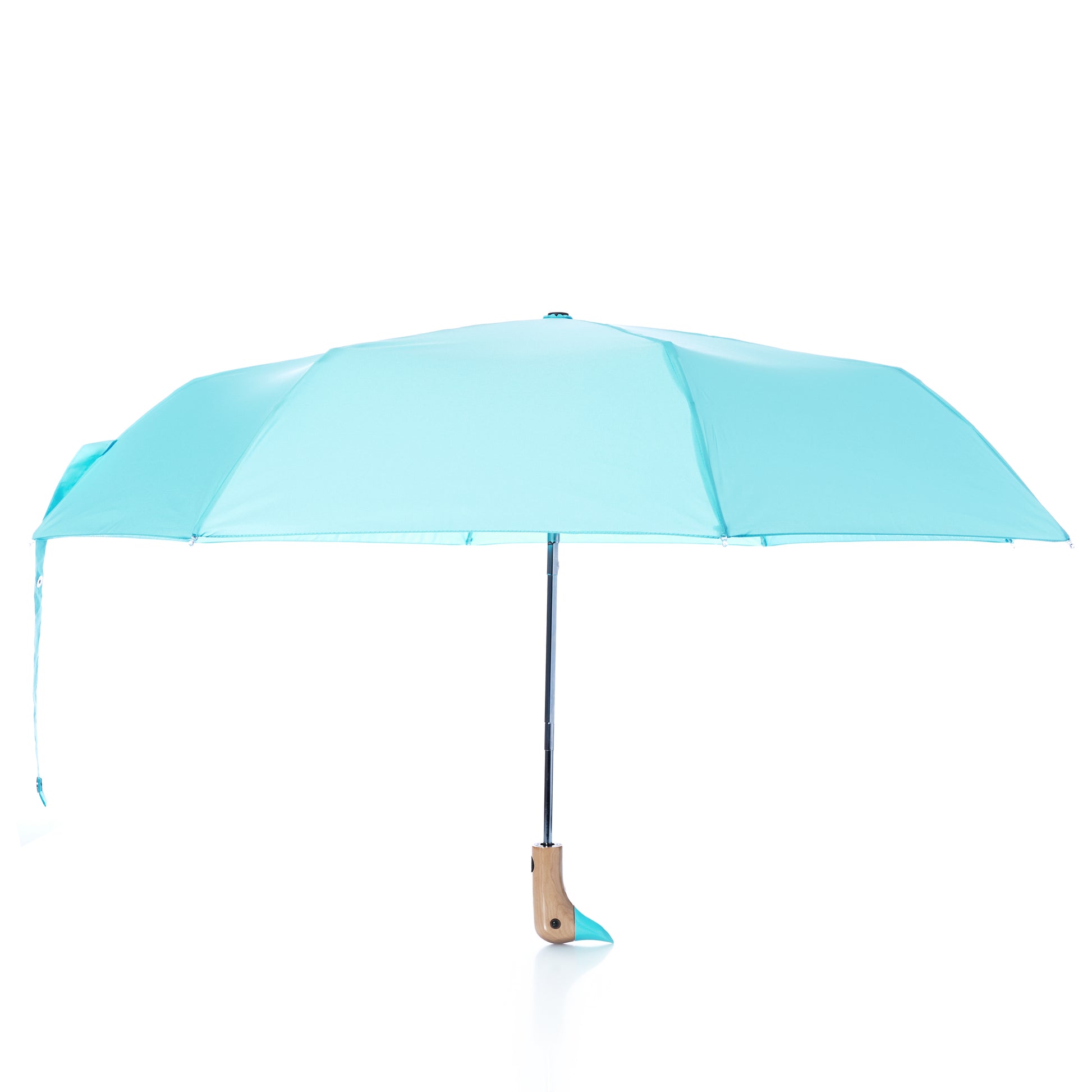 A fully opened Original Duck Head Umbrella - Popsicle Blue by ODH Limited t/a Original Duckhead is displayed against a white background, featuring a light blue canopy, black pole, and wooden handle. This wind resistant design blends classic style with lasting durability.