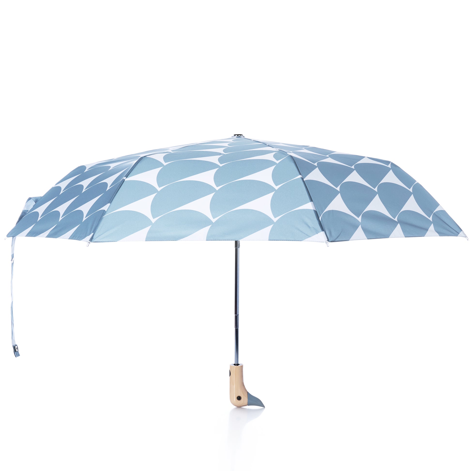 Open the Original Duck Head Umbrella - Denim Moon Print by ODH Limited t/a Original Duckhead, featuring a blue and white design with overlapping semicircles, a sturdy black metal shaft, and a light wooden handle against a white background—crafted to be both wind resistant and stylish.