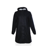 The Harborside Waterproof Raincoat - Black by Batela USA Inc features a hood, front zipper, and long sleeves, shown on a plain white background.