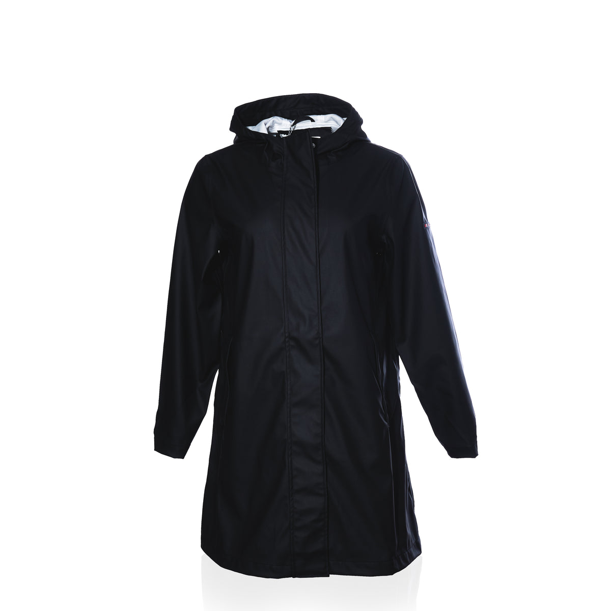 The Harborside Waterproof Raincoat - Black by Batela USA Inc features a hood, front zipper, and long sleeves, shown on a plain white background.