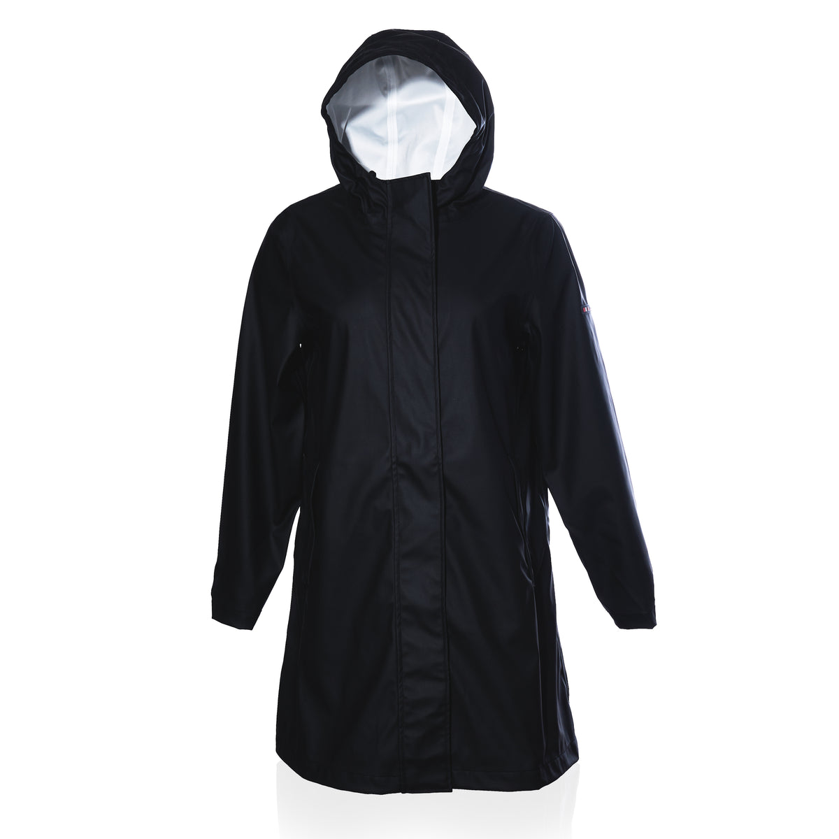 Harborside Waterproof Raincoat - Black by Batela USA Inc: black hooded raincoat with front zipper and long sleeves, perfect for coastal adventures. Shown on a white background.