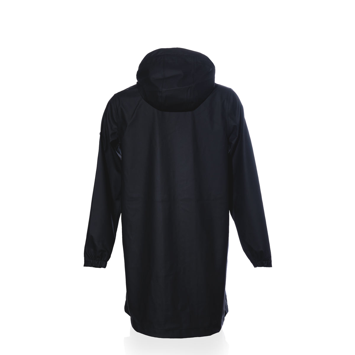 The Harborside Waterproof Raincoat - Black by Batela USA Inc is shown from the back, featuring a hood and elastic cuffs—ideal for your next coastal adventure.