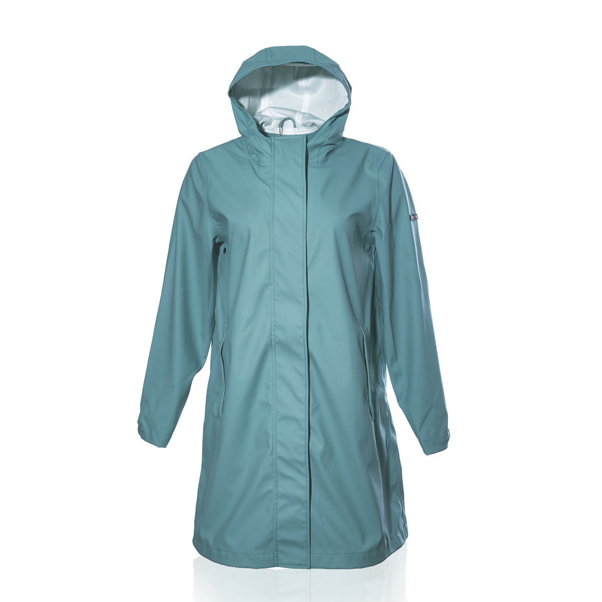 The Harborside Waterproof Raincoat - Tourmaline by Batela USA Inc: a teal, knee-length jacket with hood, long sleeves, and front zipper; shown on white background.