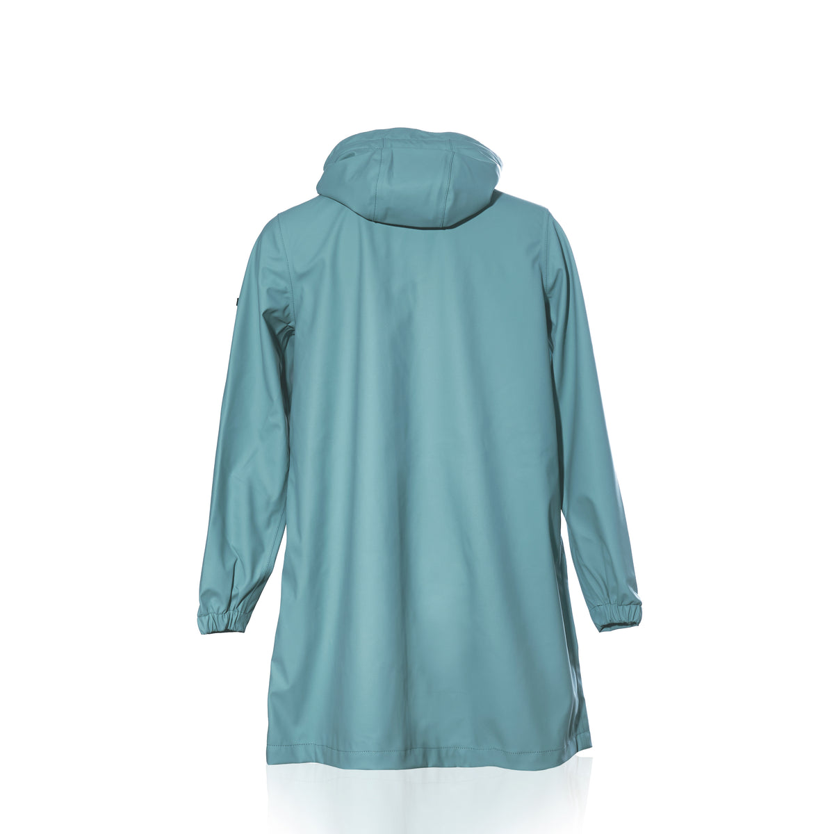 The Harborside Waterproof Raincoat - Tourmaline by Batela USA Inc is shown from the back in light blue, with long sleeves and elastic cuffs, set against a white background.
