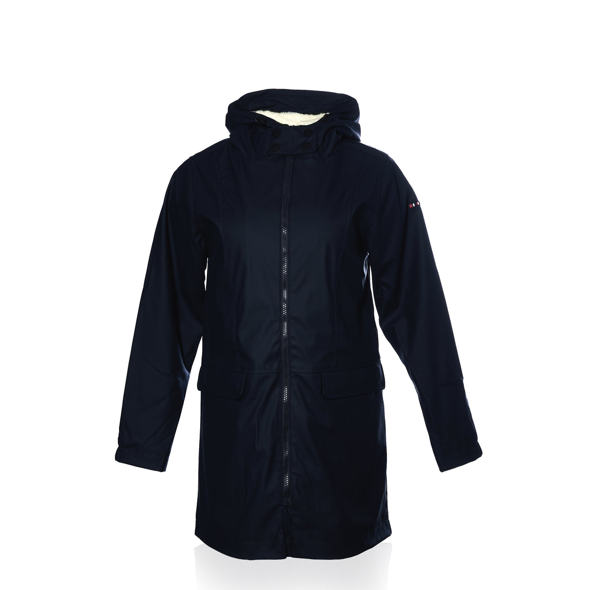 Harborside Waterproof Fleece-Lined Raincoat - Navy by Batela USA Inc features a front zipper, long sleeves, fleece lining, and two flap pockets, shown on a plain white background.