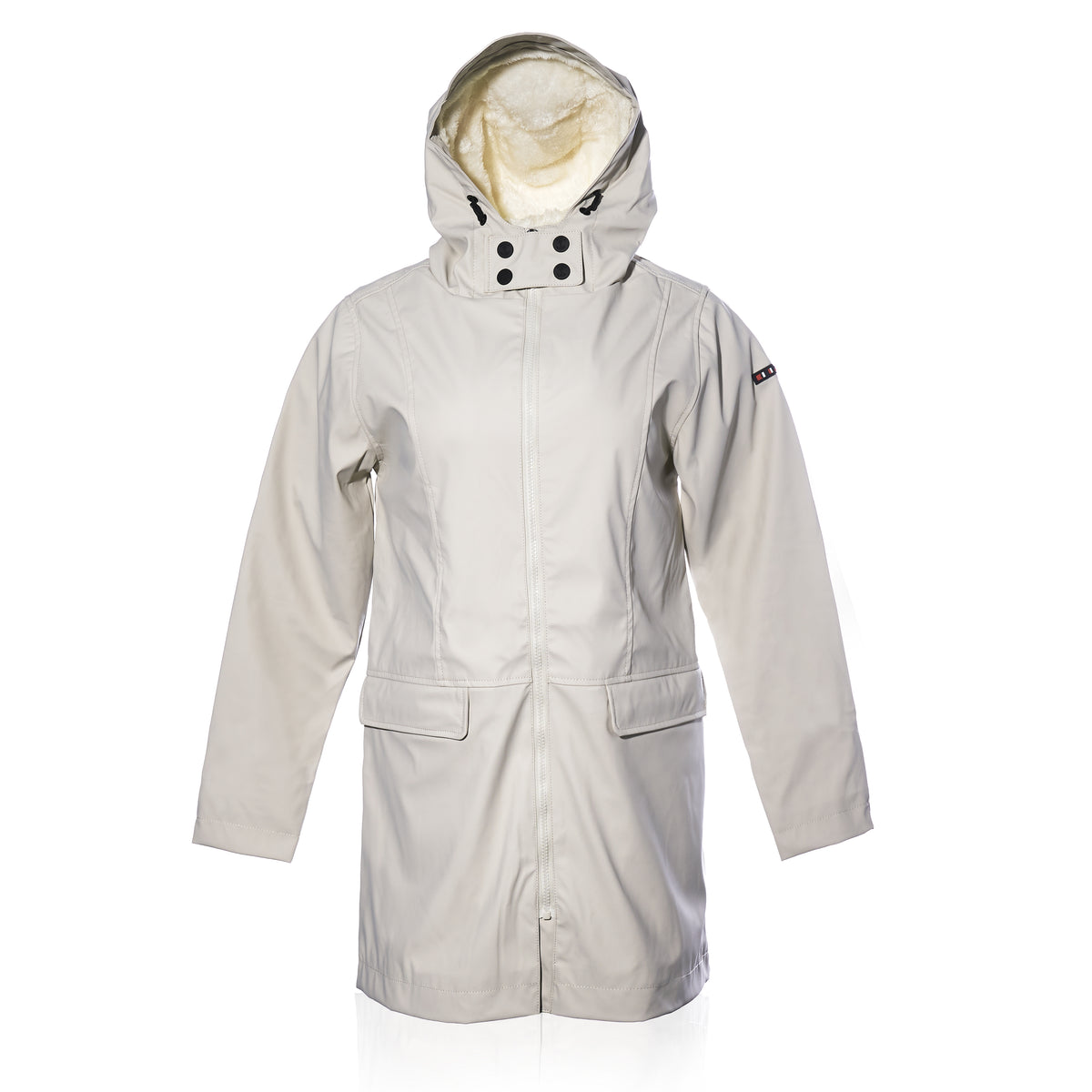 The Harborside Waterproof Fleece-Lined Raincoat - Moonstruck by Batela USA Inc is a light-colored, hooded coat with front pockets and a zip closure shown on a white background.