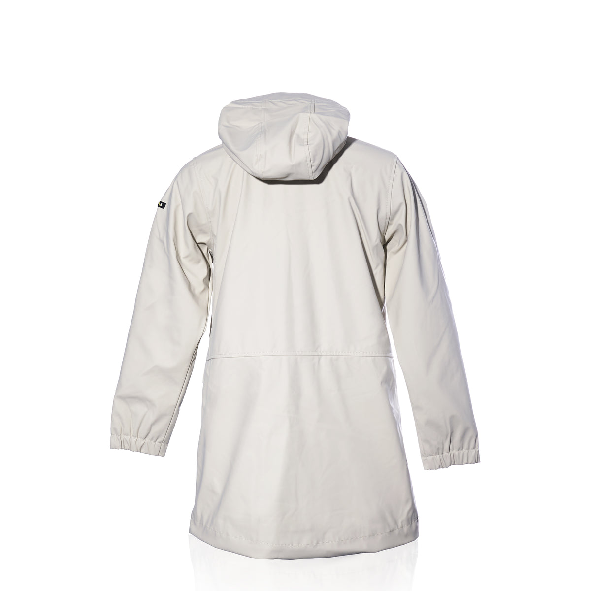 Harborside Waterproof Fleece-Lined Raincoat - Moonstruck by Batela USA Inc, light gray, shown from the back with long sleeves and elastic cuffs on a white background.