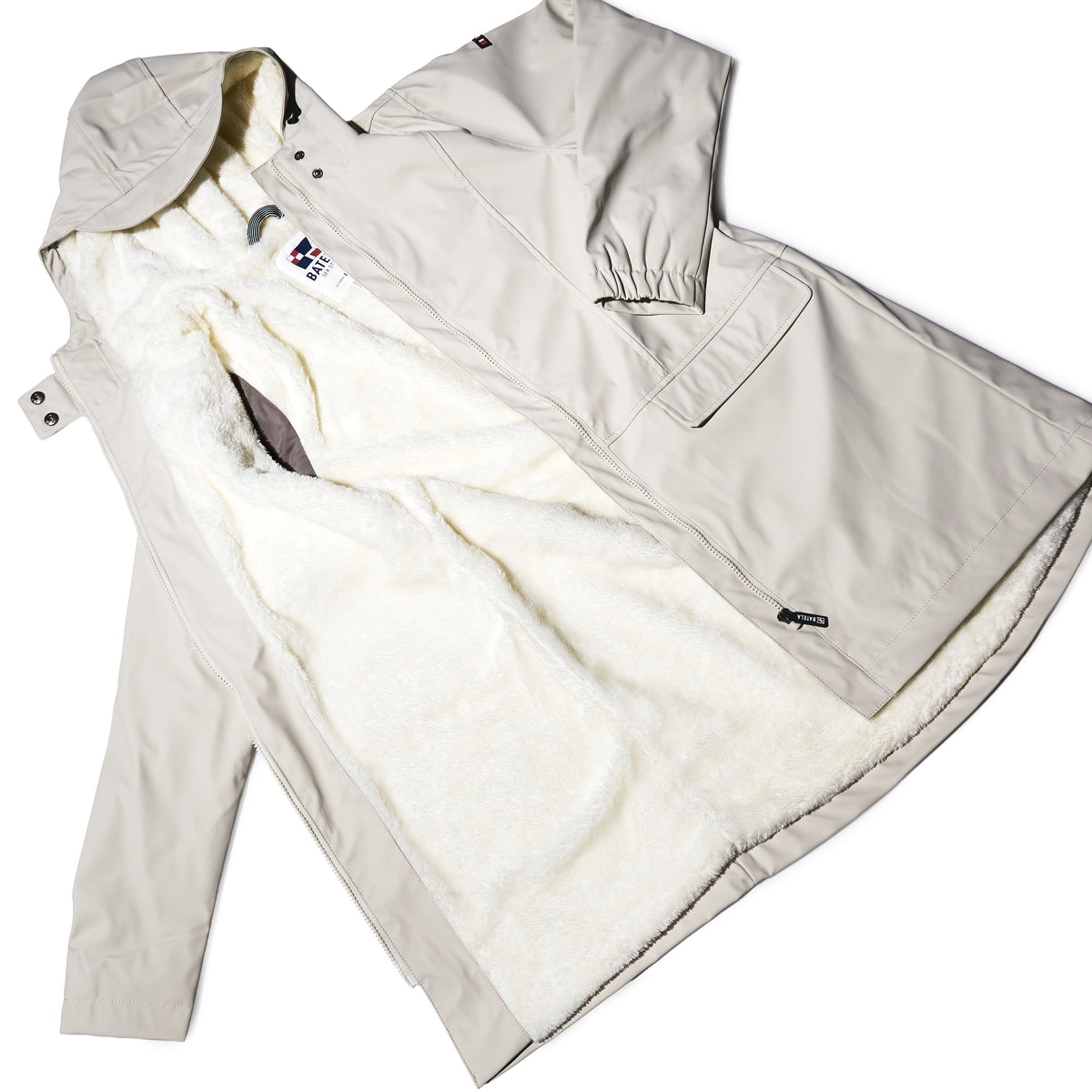 Batela USA Inc Harborside Waterproof Fleece-Lined Raincoat - Moonstruck laid flat open, revealing a soft white lining and two front pockets.