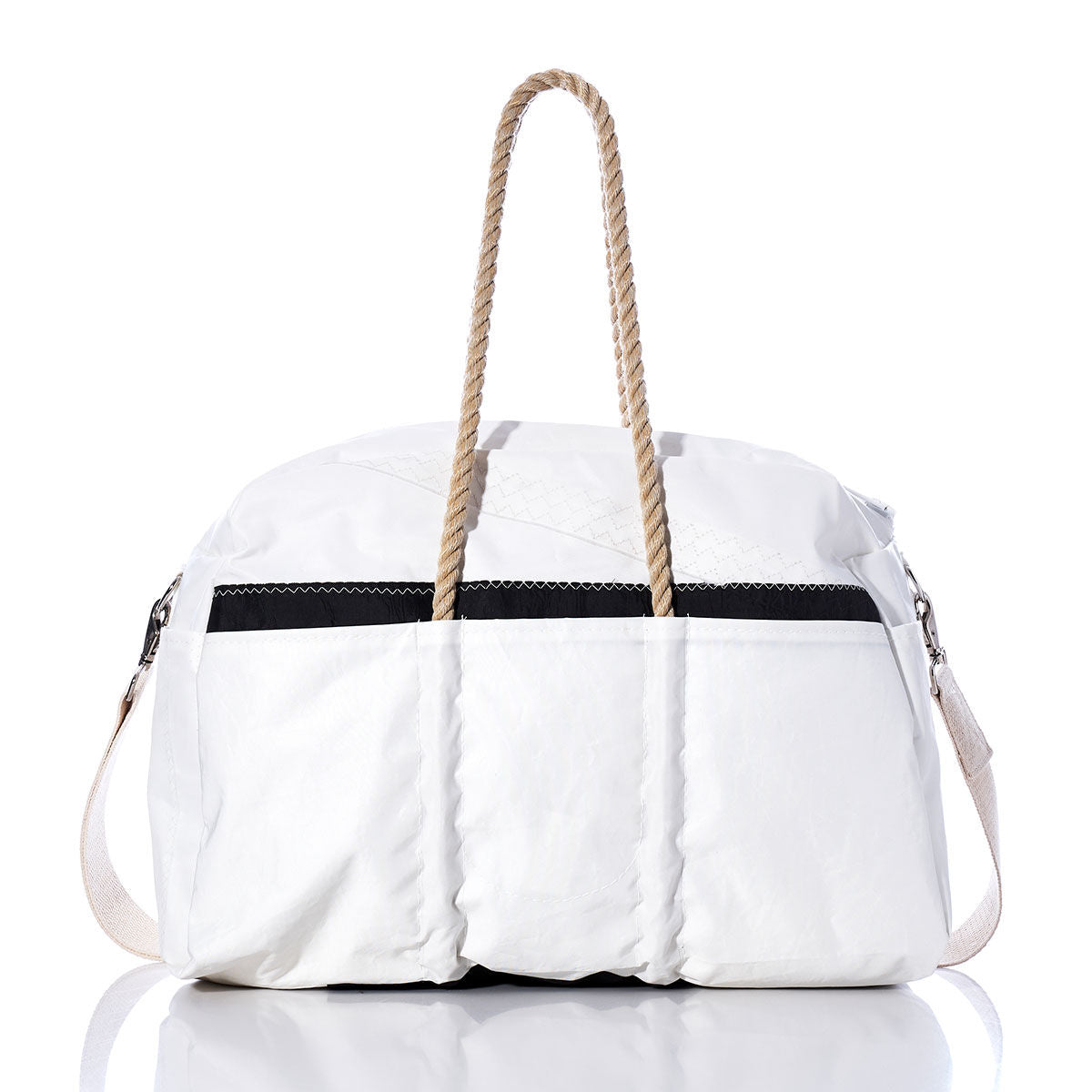 The Vintage Black 5 Weekender by Sea Bags features sturdy rope handles, a vintage black zipper accent, and a detachable shoulder strap. Displayed against a plain white background, this stylish bag is the perfect companion for your next getaway. by Sea Bags