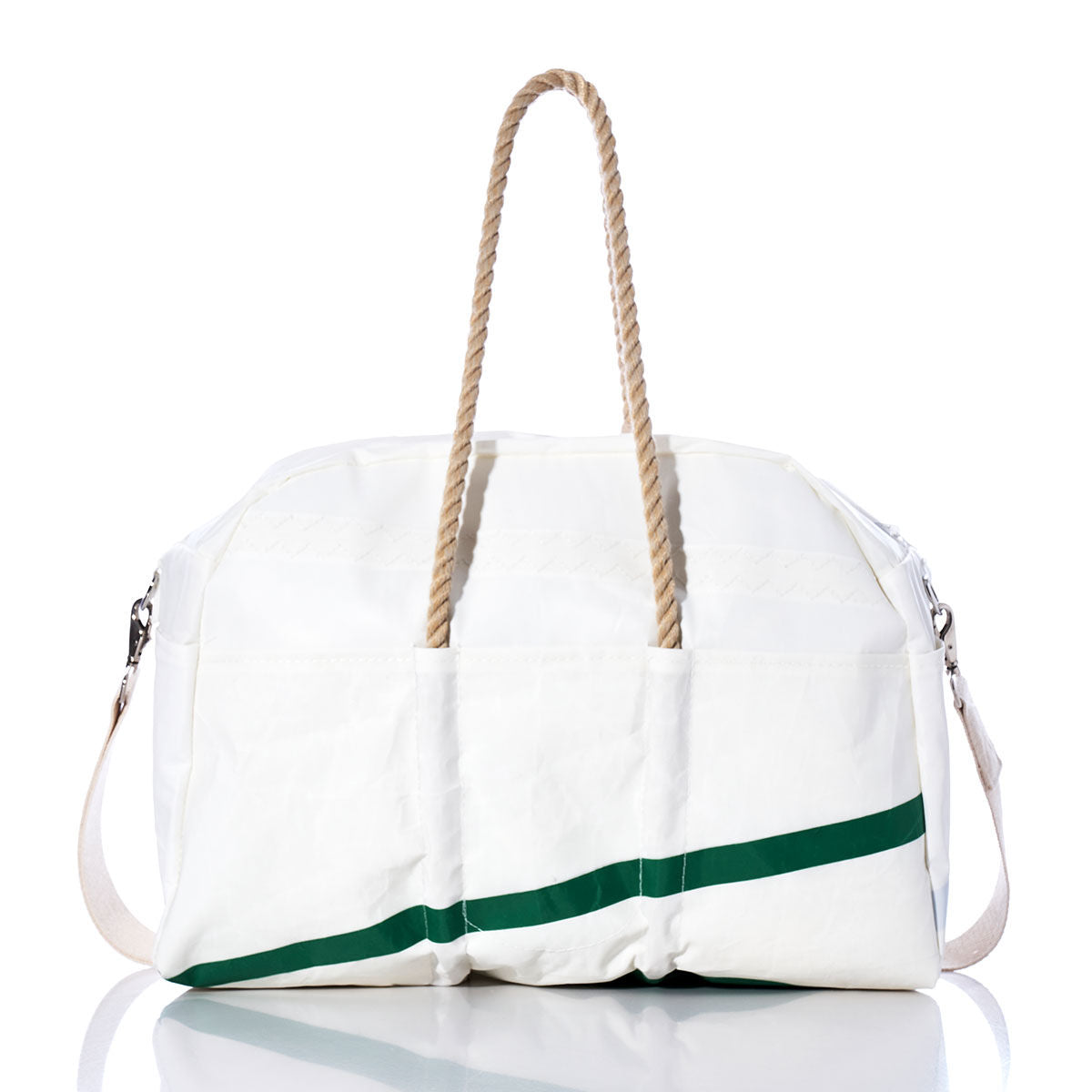 Sea Bags Vintage Green 8 Weekender—white duffel bag featuring hemp handles, a green diagonal stripe, and a beige shoulder strap—displayed on a white background. by Sea Bags