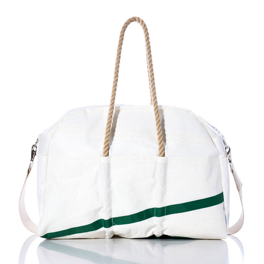 Sea Bags Vintage Green 8 Weekender—white duffel bag featuring hemp handles, a green diagonal stripe, and a beige shoulder strap—displayed on a white background. by Sea Bags