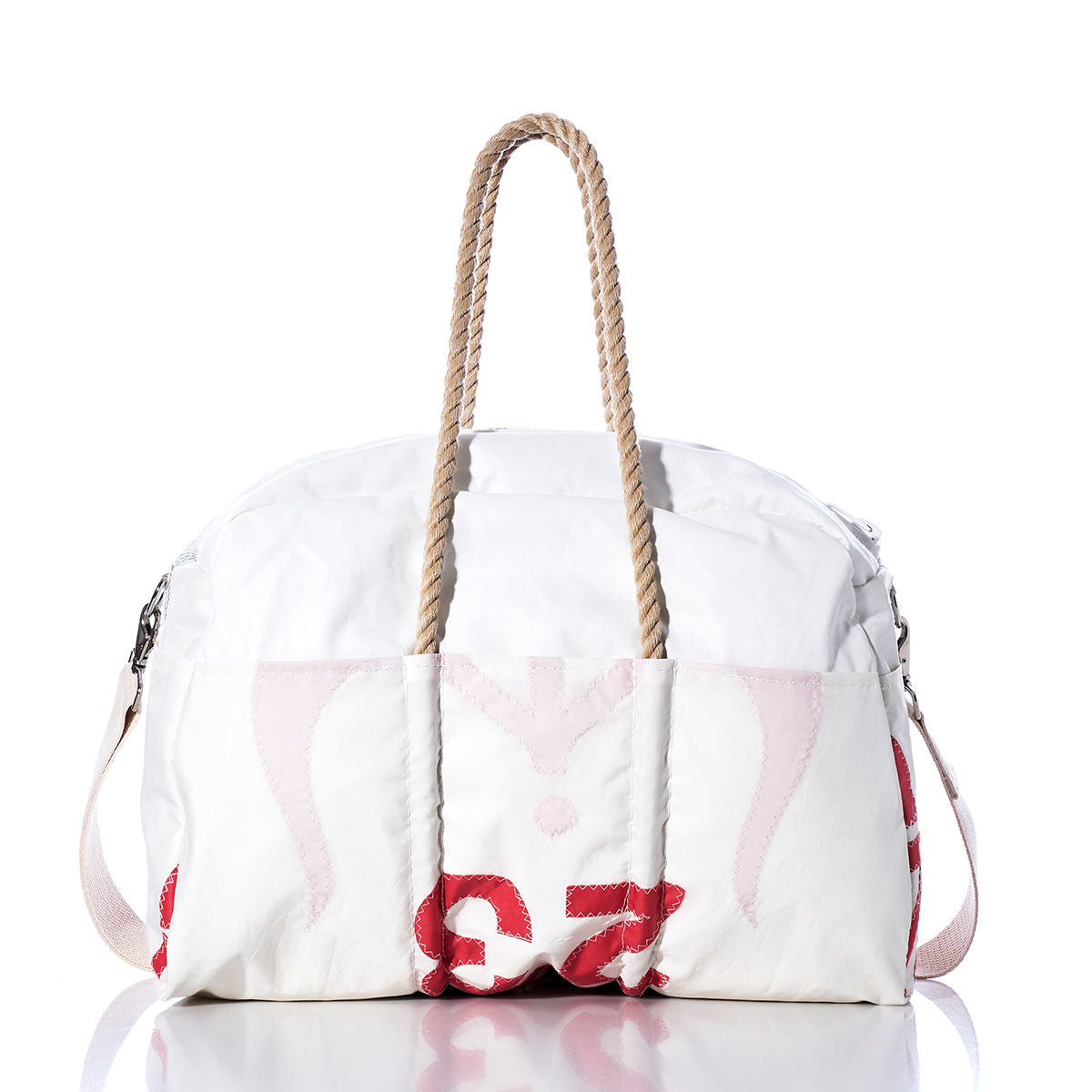 The Sea Bags Vintage Ericson 23 Weekender features a white design with red accents, hemp rope handles, and a pink shoulder strap, photographed on a white background—ideal for use as a stylish vintage weekender or getaway bag. by Sea Bags
