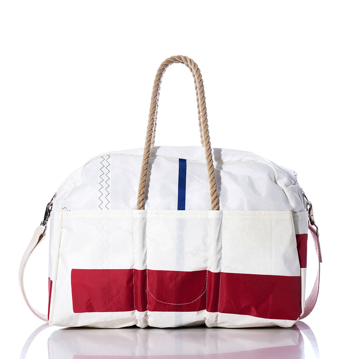 Sea Bags Vintage Etchells 22 Weekender is a white duffel bag featuring red and blue accents, rope hemp handles, and a detachable shoulder strap. Photographed on a white background, this stylish getaway bag blends classic design with practical features, making it perfect for your next adventure. by Sea Bags