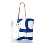 Vintage 904 Medium Tote by Sea Bags, a handmade white and blue sailcloth bag with rope handles and a Sea Bags tag, photographed on a white background. by Sea Bags