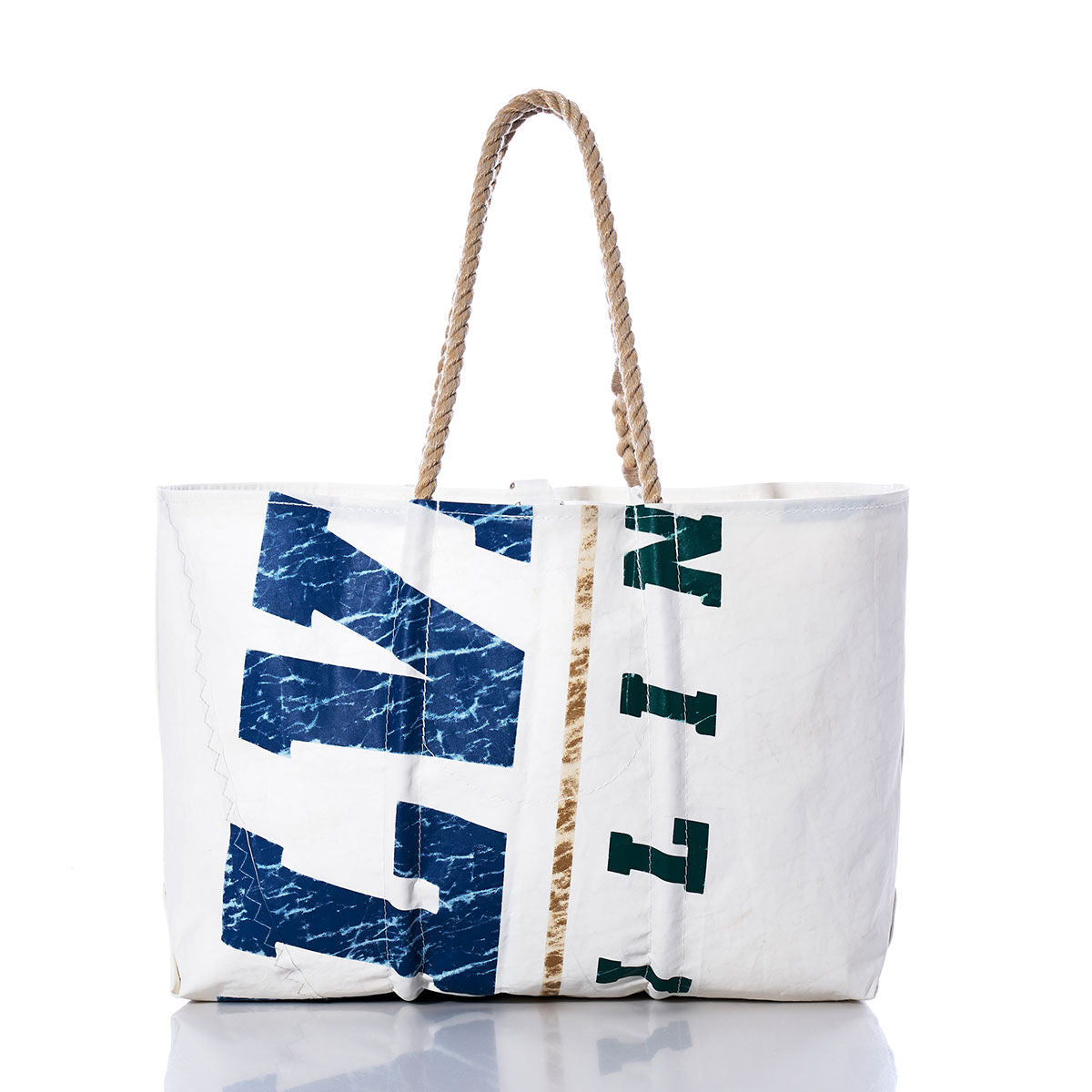 Sea Bags Vintage Sailing Large Tote with rope handles, featuring bold blue and green lettering on textured sailcloth, displayed against a white background—a classic design inspired by vintage sailing totes. by Sea Bags