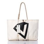 Handcrafted and inspired by nautical style, the Sea Bags Vintage Diamond V Large Tote is a white sailcloth bag featuring rope handles, a bold black geometric design on the front, and a SEA BAGS tag attached to one handle. by Sea Bags